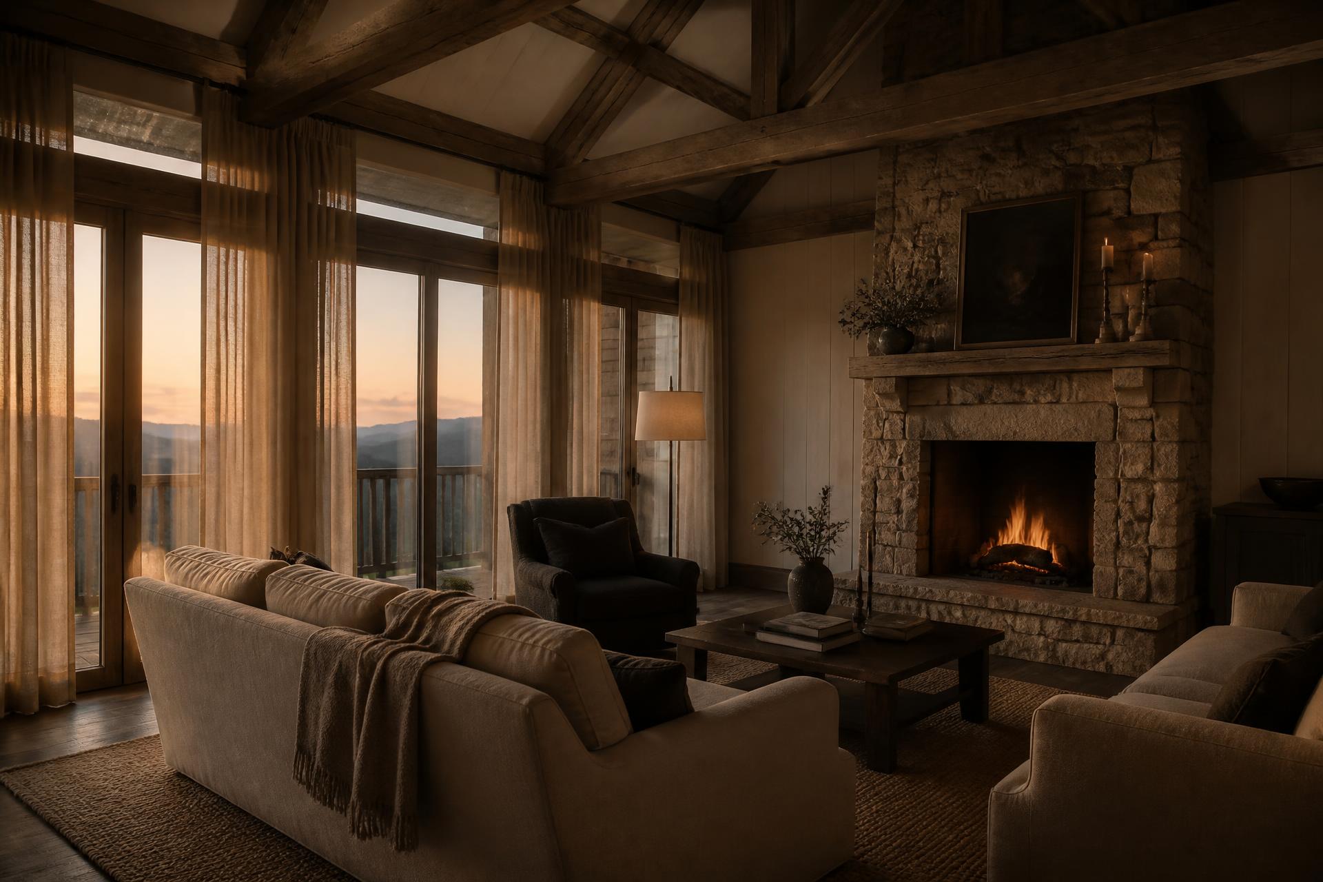 Warm modern living room with stone hearth and Appalachian mountain view at dusk
